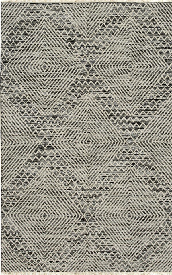 Black and off-white geometric rug with textured diamonds, zigzag patterns, and short fringes.