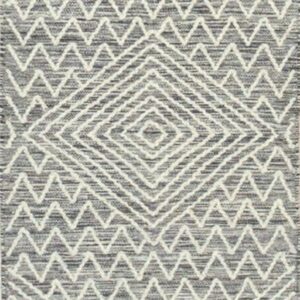 Low pile rug featuring a cream geometric diamond and zigzag pattern over a variegated gray background.