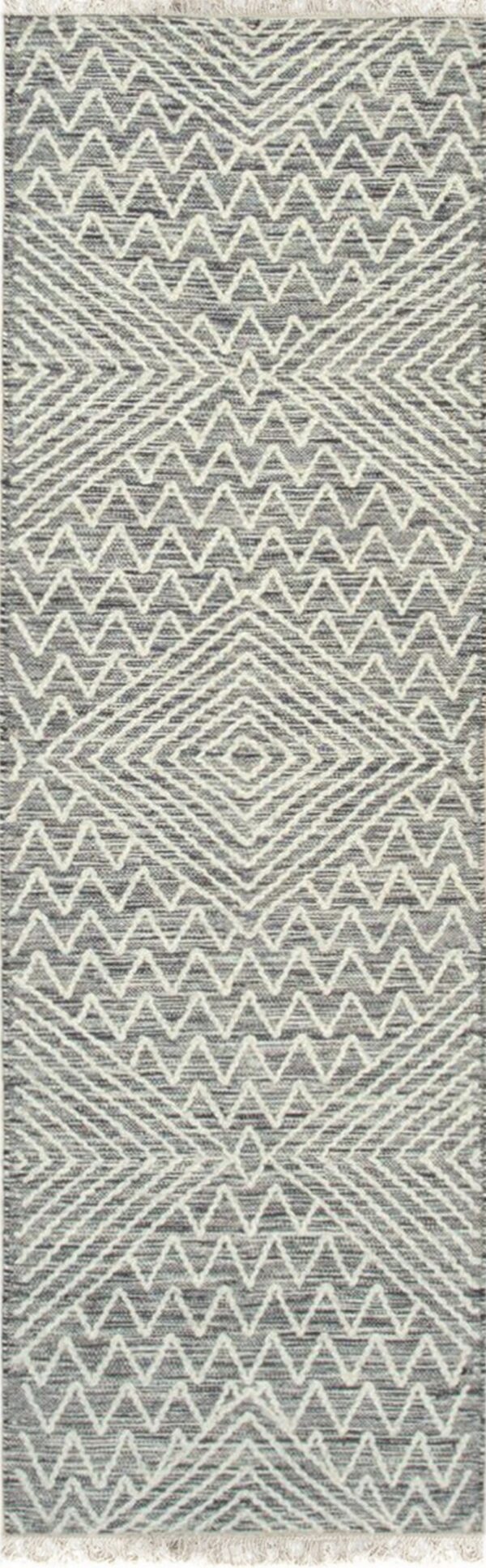 Low pile rug featuring a cream geometric diamond and zigzag pattern over a variegated gray background.