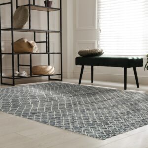 A textured navy and white lattice rug covers light hardwood floors near a black etagere and sunlit window.