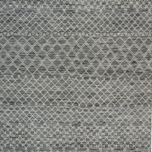 Dark gray and white rug displaying geometric bands of woven diamonds, triangles, and small squares.