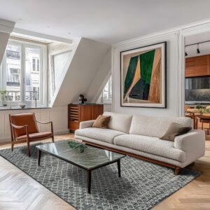 A gray geometric rug anchors a living room with a cream sofa and herringbone wood floor.