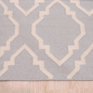 Low-pile rug with a repeating light blue and cream geometric trellis pattern on light wood floor.