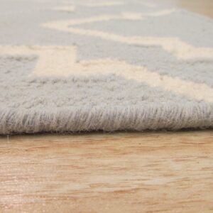 The high-pile edge of a gray and white zigzag rug rests on light-toned, glossy wood planks.