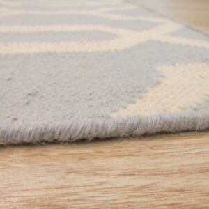 Close-up view of a textured light blue and ivory geometric rug resting on light wood flooring.