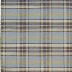 A blue flat-weave rug featuring a plaid pattern of dark brown, tan, and cream intersecting stripes.