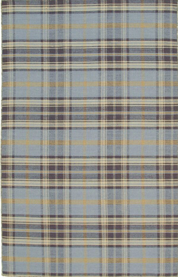 A blue flat-weave rug featuring a plaid pattern of dark brown, tan, and cream intersecting stripes.