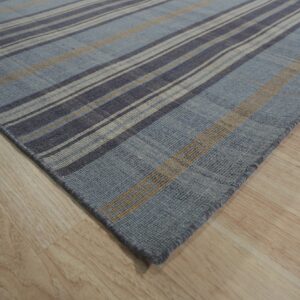 A low-pile rug featuring blue, navy, and tan stripes rests on light wooden plank flooring.