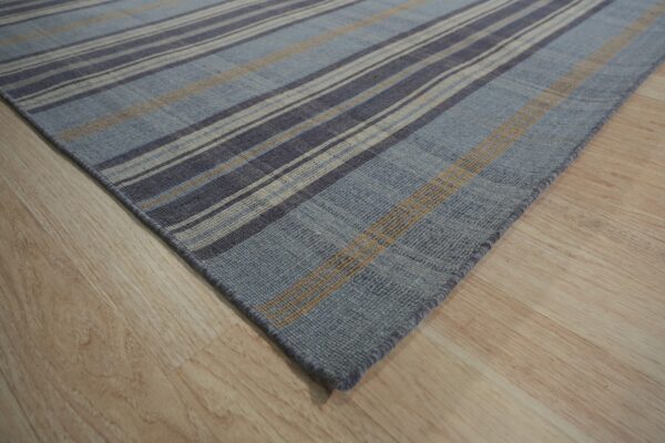 A low-pile rug featuring blue, navy, and tan stripes rests on light wooden plank flooring.