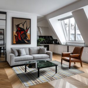 A blue and yellow plaid rug sits on chevron wood floors in a bright, modern loft studio apartment.