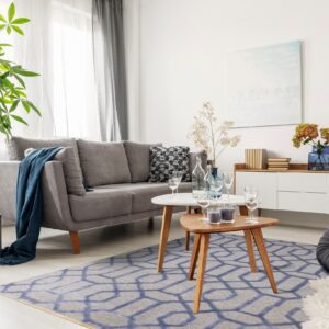 Blue geometric rug on light wood floor beneath wooden coffee tables and a neutral grey sofa.