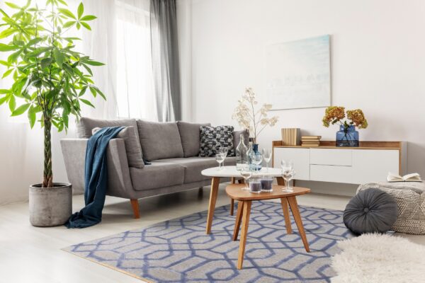 Blue geometric rug on light wood floor beneath wooden coffee tables and a neutral grey sofa.