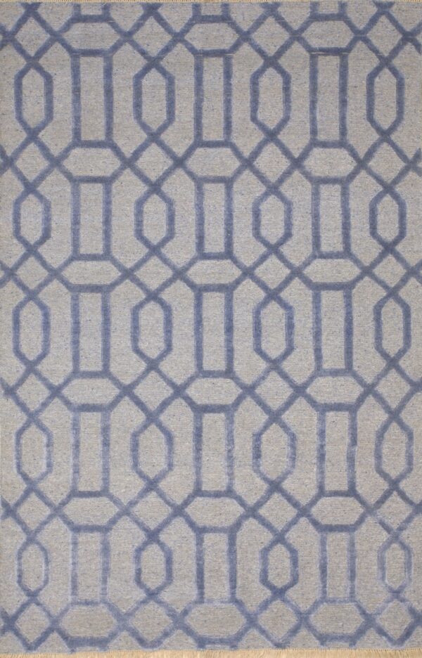 Gray and dusty blue rug showcasing a dimensional geometric trellis fretwork design and short fringe.