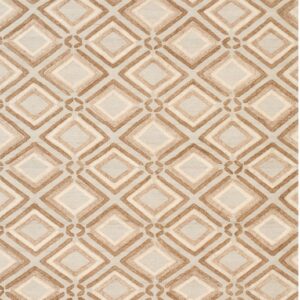 A gray rug with a repeating diamond trellis pattern in raised beige and brown loops.