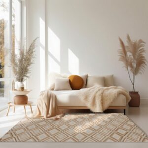 Geometric tan and cream rug sits beneath a neutral daybed in a sunlit room with large windows.