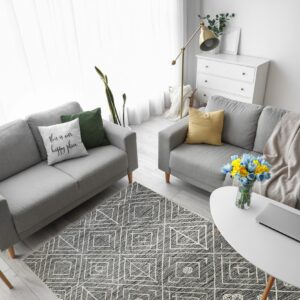 Low pile gray rug with interlocking white square outlines anchors a bright room with gray sofas.