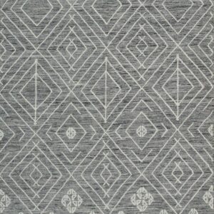 A heathered gray rug featuring white interlocking diamond and tribal geometric patterns with fringe ends.