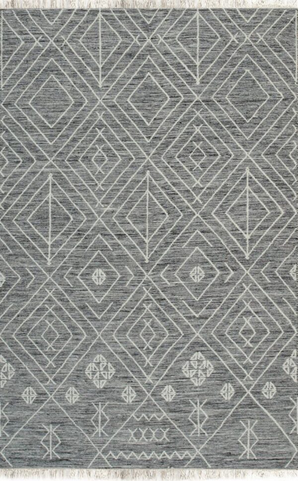 A heathered gray rug featuring white interlocking diamond and tribal geometric patterns with fringe ends.