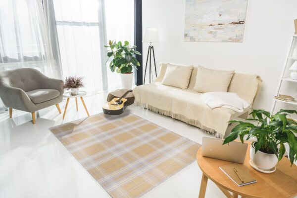 A tan and blue plaid rug grounds a bright living room with white floors, a beige sofa, and a grey armchair.