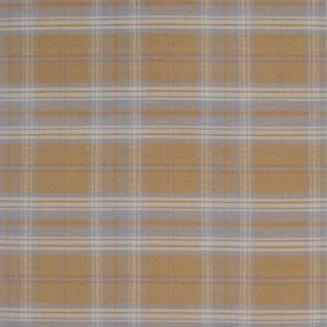 Flat-woven plaid rug patterned with intersecting stripes of mustard yellow, muted blue, and off-white.