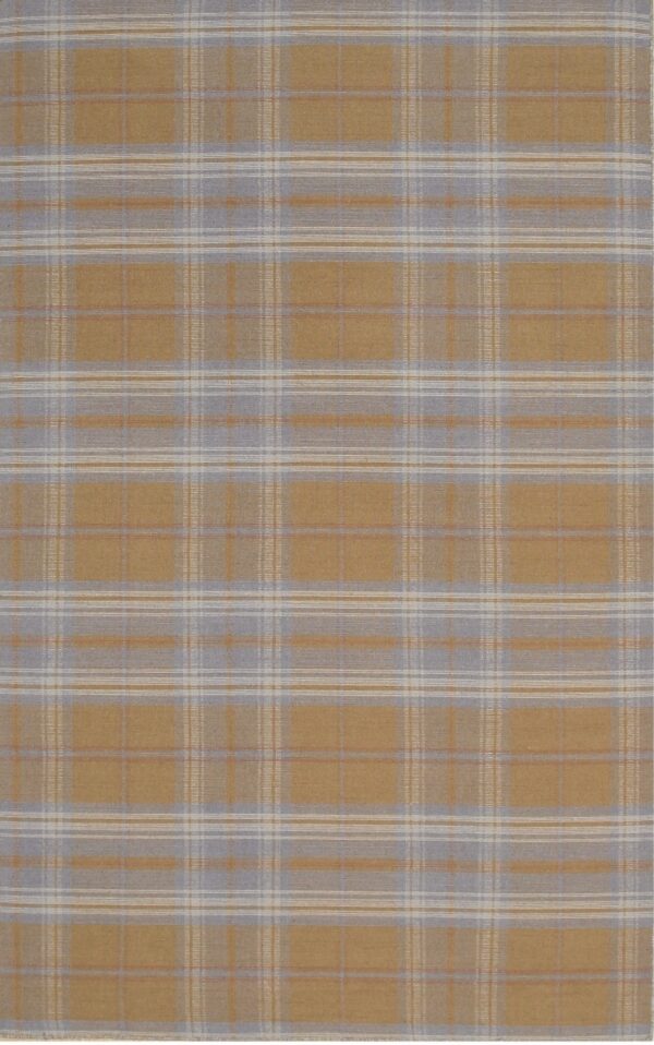 Flat-woven plaid rug patterned with intersecting stripes of mustard yellow, muted blue, and off-white.