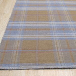 Tan and light blue plaid rug with woven texture lying on a light wood floor.