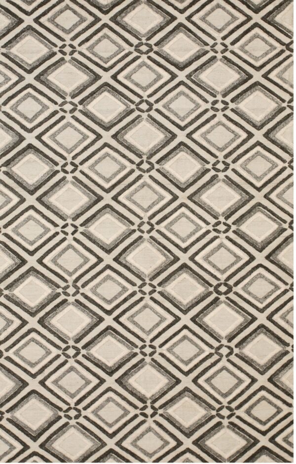 Textured rug featuring a repeating concentric diamond pattern in neutral cream, gray, and dark charcoal tones.