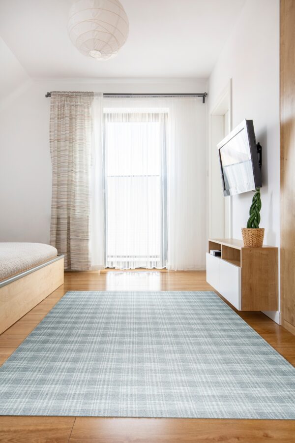 Light blue and white plaid rug spans a bright room with wood furniture and sheer curtains.