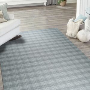 Subtle blue-grey plaid rug displayed on wood plank flooring in a naturally lit living area.