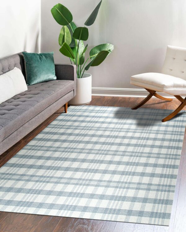 A light blue and white plaid rug anchors a modern living room with a gray sofa and wood floors.