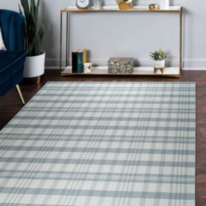 Light blue and beige plaid rug rests on dark wood flooring beside a blue chair and gold console table.