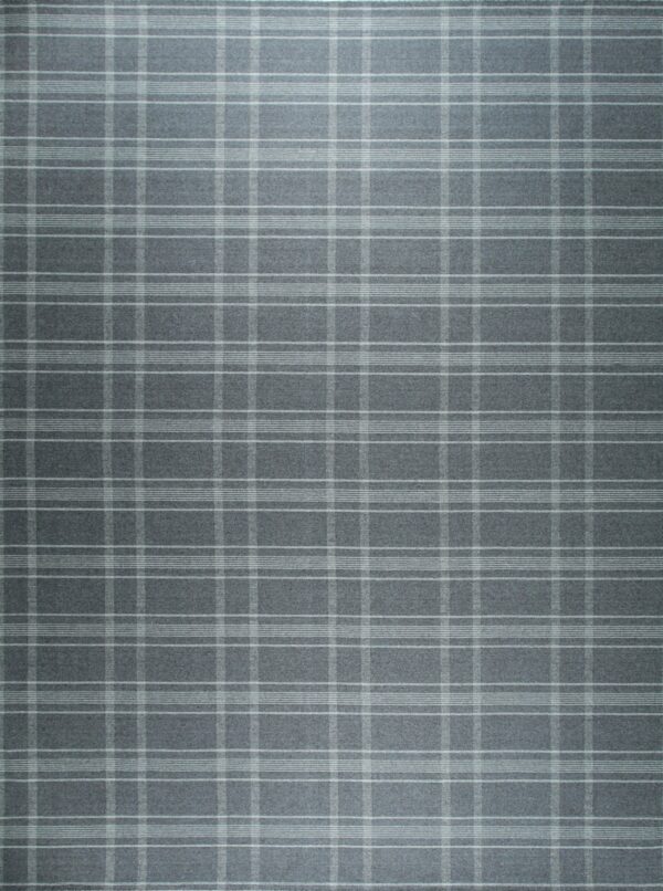 Dark gray low-pile rug covered in a windowpane plaid pattern with thin light gray lines.