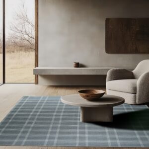 Blue plaid low-pile rug in a contemporary room featuring light furniture and wood flooring.