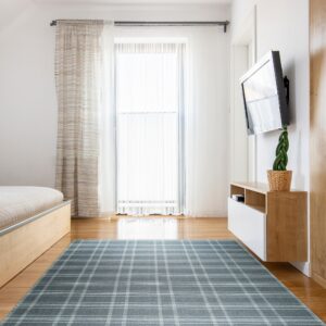 A blue-gray plaid rug covers wood flooring in a bright room with a bed and floating media cabinet.