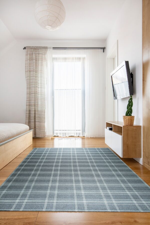 A blue-gray plaid rug covers wood flooring in a bright room with a bed and floating media cabinet.
