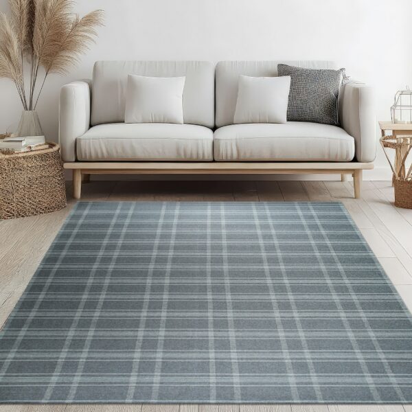 A gray and light blue plaid rug lays on light wood floors beneath a cream sofa.
