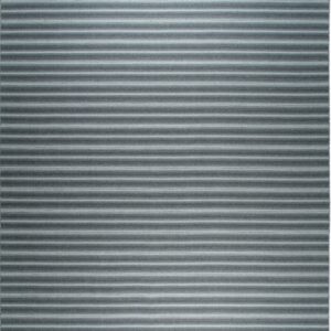 A rectangular rug displays horizontal stripes in shades of gray, teal, and off-white.