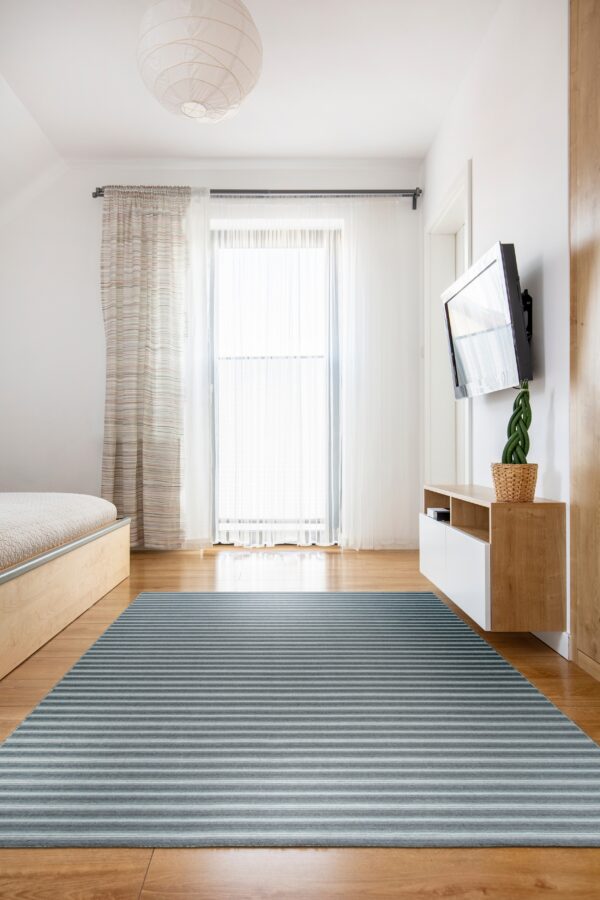A blue and gray striped rug covers a wood floor in a brightly lit room with sheer curtains and light furniture.