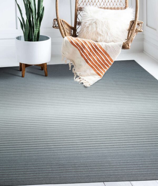 Striped gray and light gray rug with an ombre design under a rattan chair and a potted snake plant.