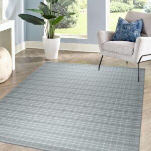 A gray and light blue plaid rug rests on wood herringbone flooring near a gray chair and potted plant.