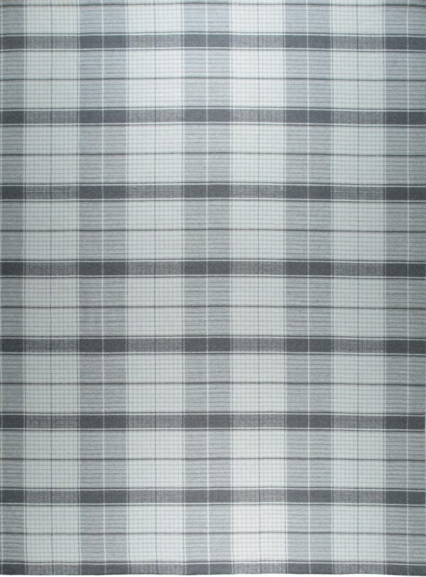 Low-pile rug displaying a classic plaid pattern using shades of charcoal gray, light gray, and white.