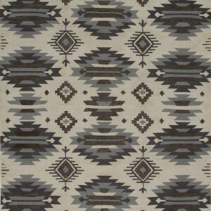 A flatweave rug with a Southwestern pattern in beige, gray, and dark brown geometric motifs.