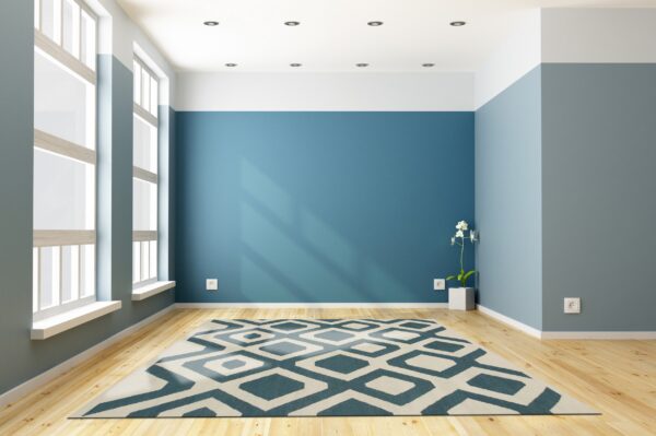 Teal and cream geometric rug centered on light hardwood floor against bold blue and white walls.