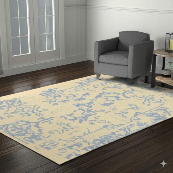 Light blue abstract rug on dark wood flooring next to a gray armchair and white walls.