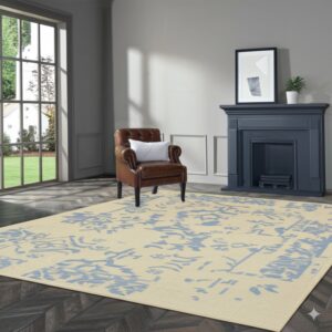 A large beige rug featuring an abstract light blue design anchors a room with a dark blue fireplace.