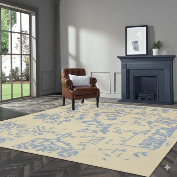 A large beige rug featuring an abstract light blue design anchors a room with a dark blue fireplace.