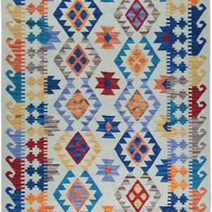 Geometric flatweave rug featuring blue, orange, red, and yellow diamonds on a pale gray background.