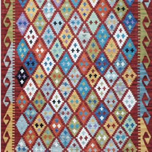 Multicolor geometric rug with an interlocking diamond pattern set inside a rich red border.