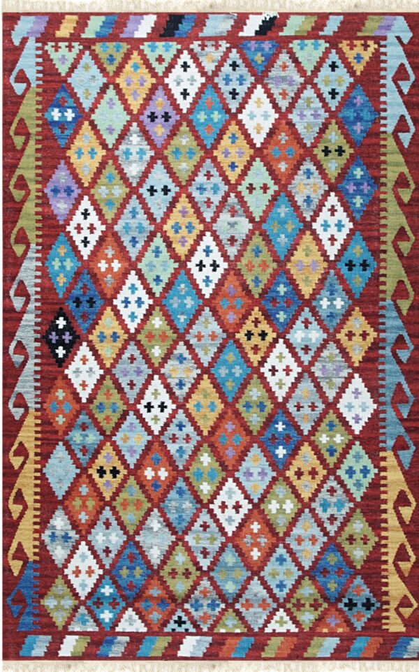 Multicolor geometric rug with an interlocking diamond pattern set inside a rich red border.
