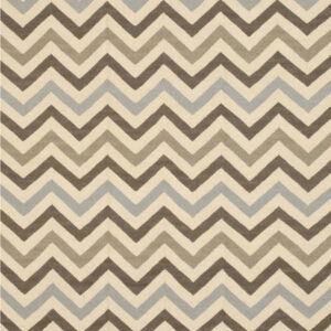 A flatweave rug featuring a repeating chevron pattern in cream, brown, tan, and light blue.